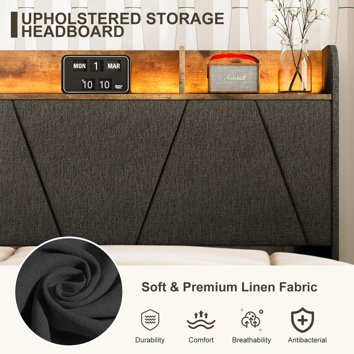 AOVSA Upholstered California King Bed Frame with Storage Headboard, Charging Station & LED Lights in Black AOVSA