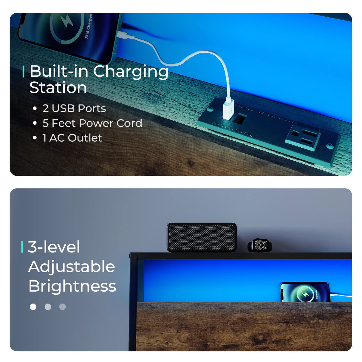 LINSY Ergonomic Full Bed Frame with RGB Headboard, Fast Assembly, USB Outlets & Ample Storage in Rustic Brown LINSY