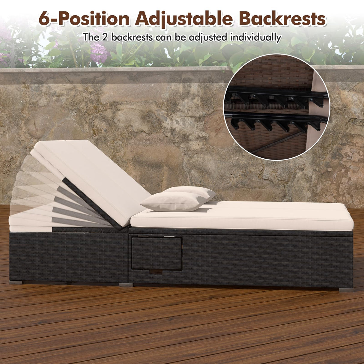 HAPPYGRILL Outdoor Patio Lounge Daybed PE Wicker Double Chaise Lounge with 6-Position Adjustable Backrests, Soft Pillows & Cushions, 2-Person Reclining Sunbed with Foldable Cup Trays HAPPYGRILL