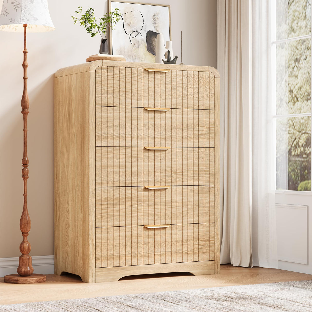 Jocoevol Fluted 5 Drawer Dresser, 43" Tall Dressers & Chests of Drawers Curved Profile Design, Wood Mid Century Vertical Dresser Natural Texture for Bedroom, Natural Oak Dresser Jocoevol