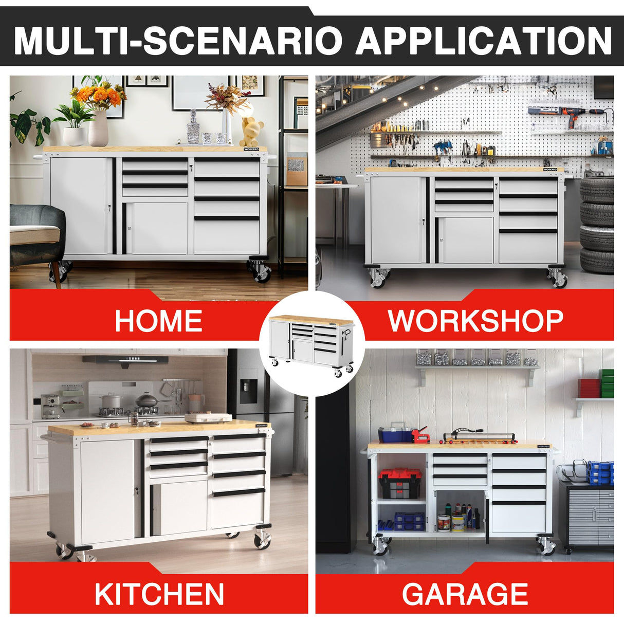 WORKPRO 62" x 20" 7-Drawer & 2-Door Rolling Tool Chest, Mobile Tool Storage Cabinet with Power Strip, Locking System, Heavy Duty Rolling Cabinet for Garage, Warehouse & Kitchen, 1000 lbs Capacity WORKPRO