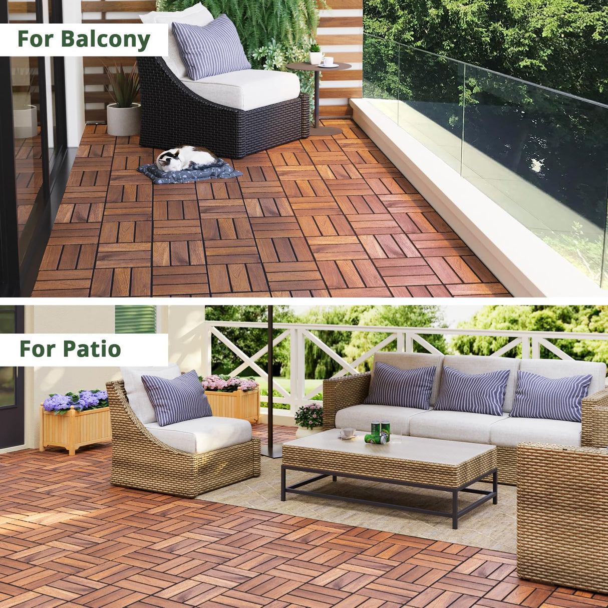 BEEFURNI Acacia Interlocking Deck Tiles (12x12 Pack 10), Acacia Wood Deck Tiles Interlocking Outdoor, Indoor Flooring Mats for Balcony Decor,Patio, Backyard, 1-Year Manufacturer Warranty (Dark Brown) BEEFURNI