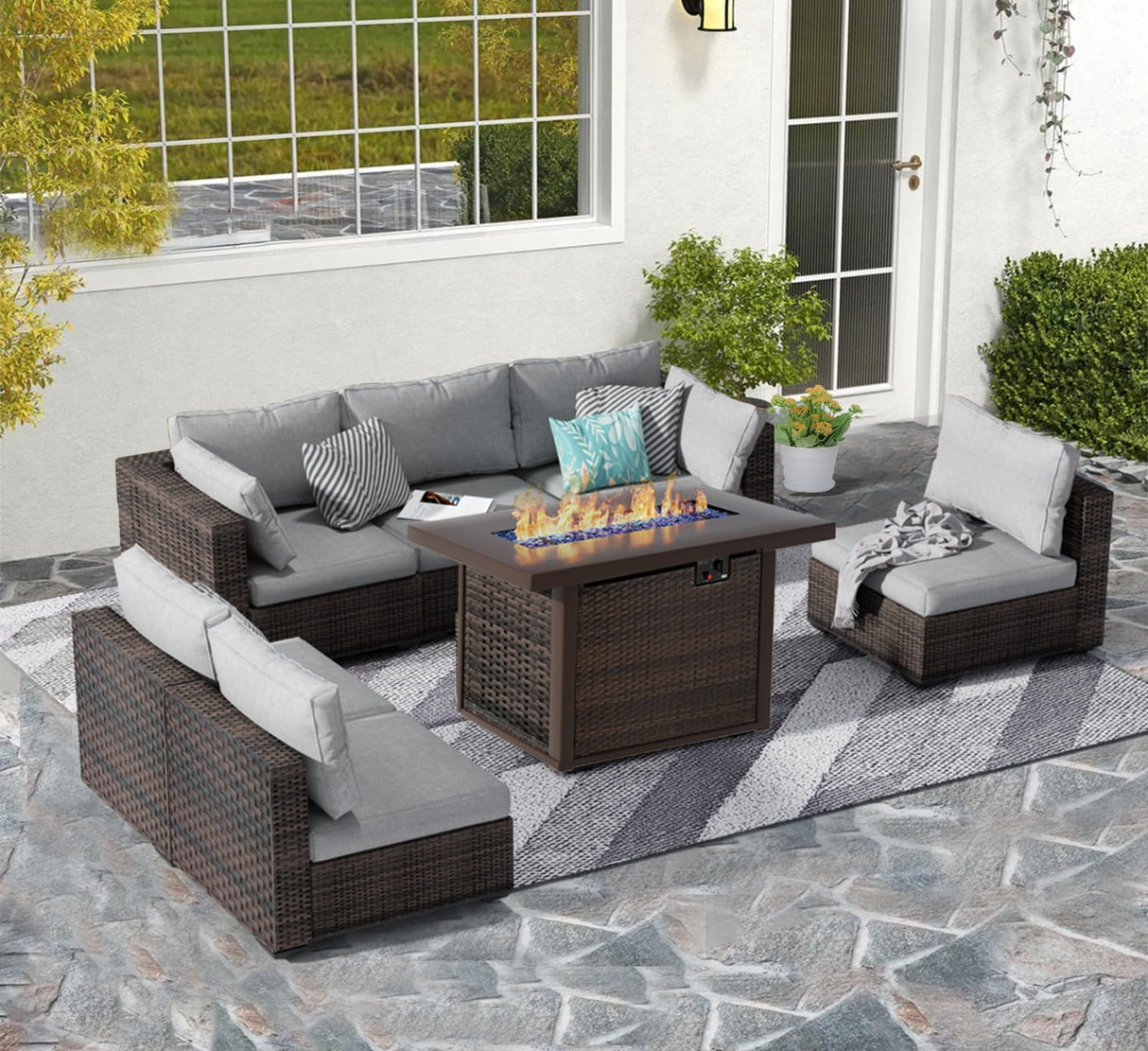 7 Piece Patio Furniture Set with Fire Pit Table, Rattan Outdoor Sectional Patio Conversation Sets with Seat Cushions for Backyard Deck Balcony Lawn and Garden, Grey gaildon