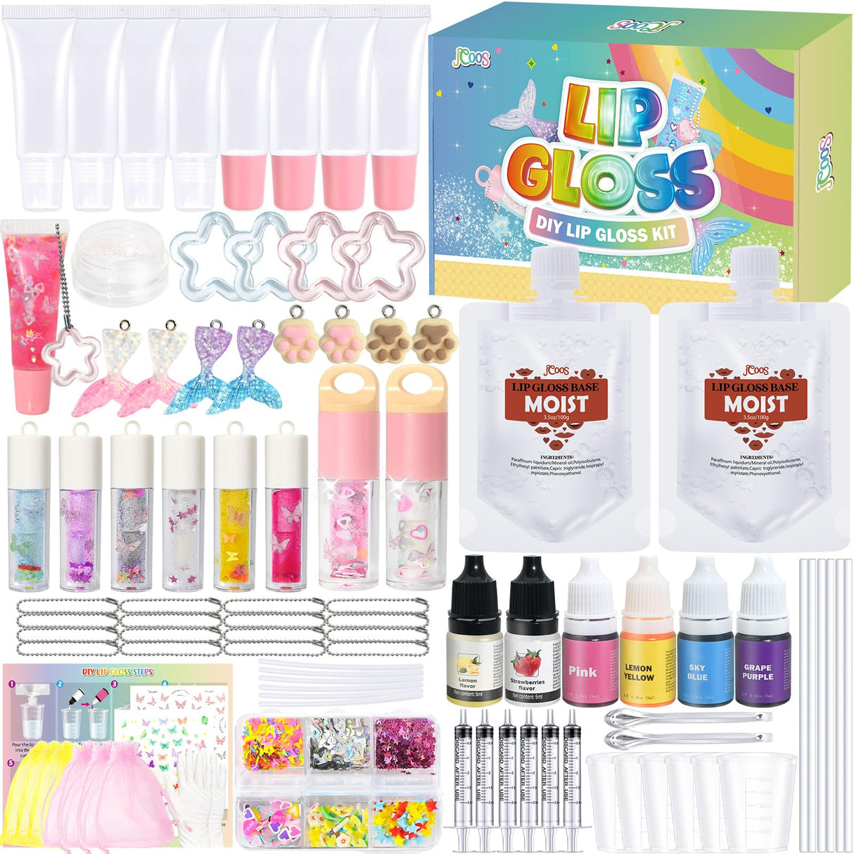 Make Your Own Lip Gloss Kit, JCOOS Lip Gloss Making Kit, 94PCS Fun Keychain DIY Lipgloss Sets for Girls, Flavored Moisturizing Glitter Lip Kit, Kids Lip Gloss, Tween Girls Trendy Stuff Christmas Gifts Jcoos