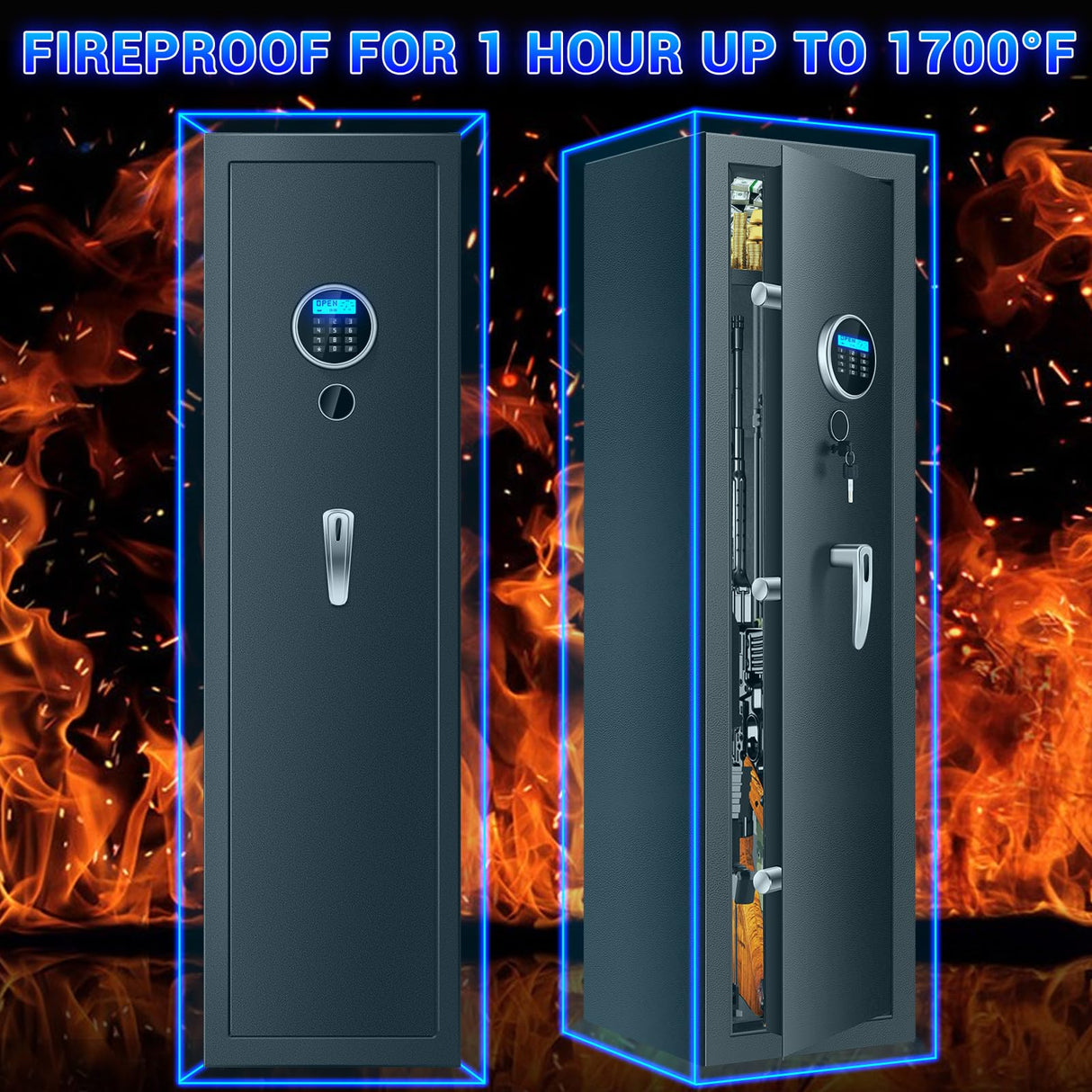 Fireproof Gun Safes for Home Rifle and Pistols, Heavy Duty Anti-Theft Long Gun Safes for Rifles and Shotguns with 3 Pistol Pockets, Gun Safe Rifle with LCD Digital Screen Removable Shelf(US Stock) Tiskgg
