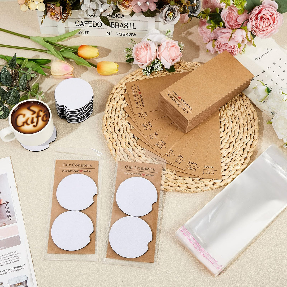 Tioncy 400 Pcs Sublimation Car Coaster Blank Set, 200 Pcs 2.76'' Blank Sublimation Coaster 100 Self Adhesive Bag 100 Sublimation Car Coaster Display Card for Thermal Sublimation DIY Craft (Brown) Tioncy