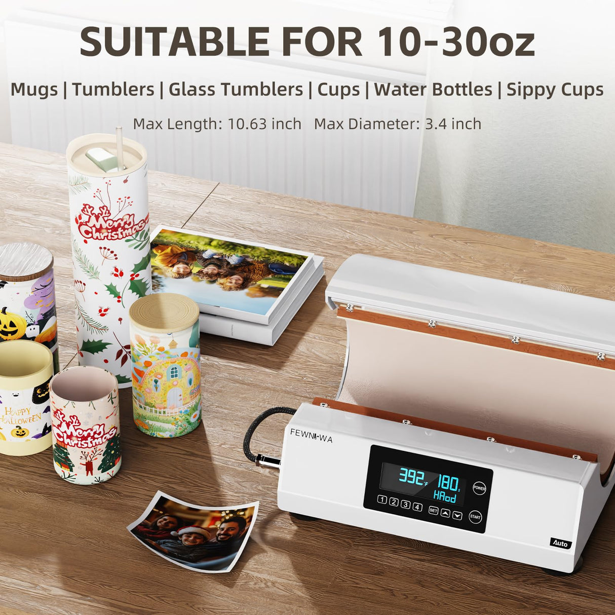 FewNvWa Tumbler Heat Press Machine - Auto Mug Heat Press Fast & Even, Auto-Off Safe Professional Sublimation for 10-30oz Cups, Glasses and Mugs FewNvWa