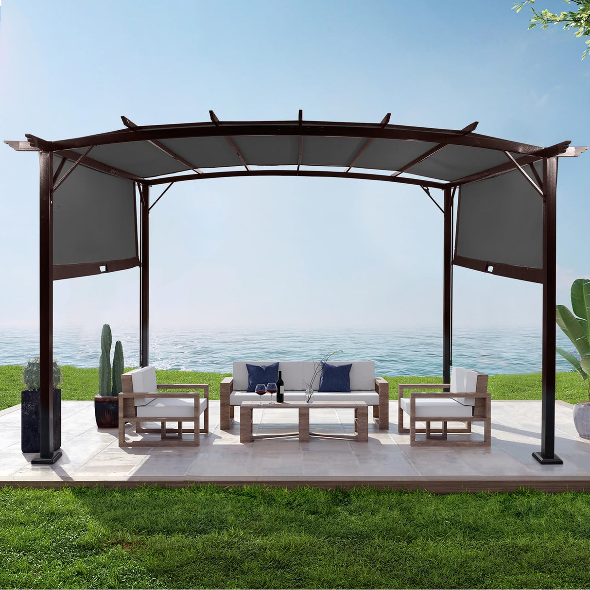 VINGLI 9’x 12' Outdoor Pergola Metal Retractable Pergola Canopy with Adjustable Roof, Garden Pergola for Deck, Porch, Garden, Yard (Grey) VINGLI
