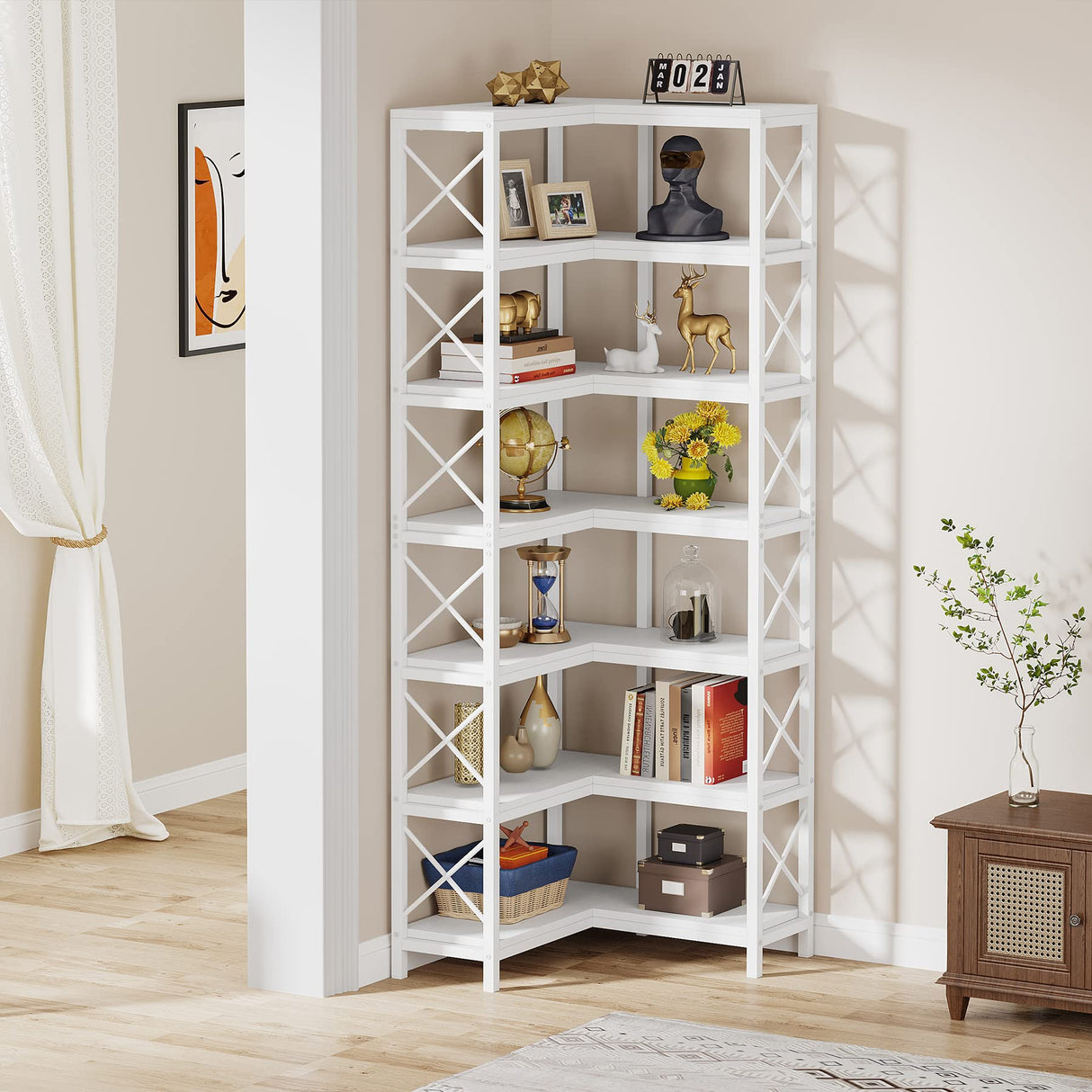 LITTLE TREE 7-Shelf Corner Bookshelf Modern Corner Bookcase Corner Shelf for Living Room Home Office, White LITTLE TREE