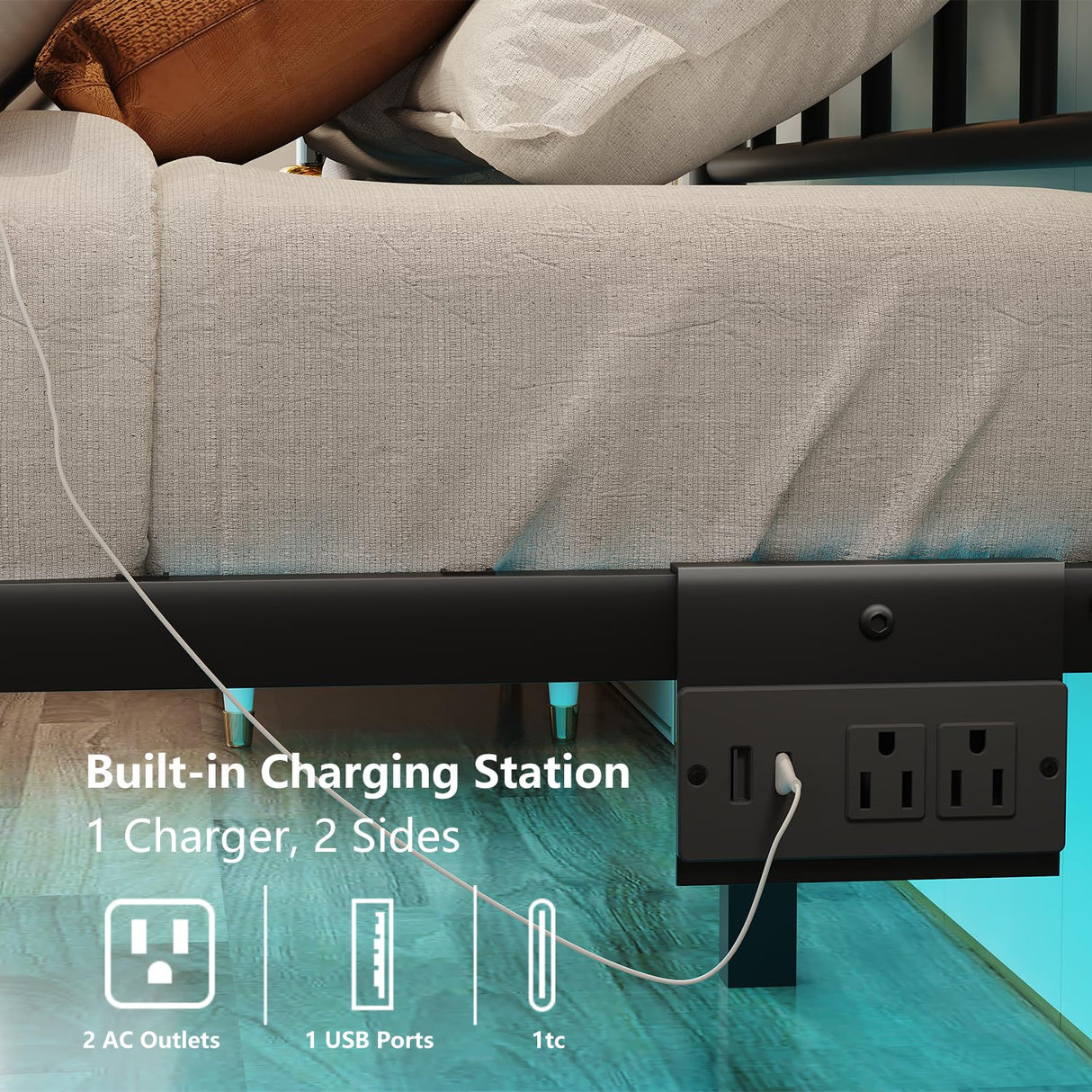 Samurbex Full Size Bed Frame with Charging Station,Black Metal Platform Bed Frame with LED Lights,Heavy Duty Metal Steel Slats Support,No Box Spring Needed,Noise Free,Easy to Assemble Samurbex