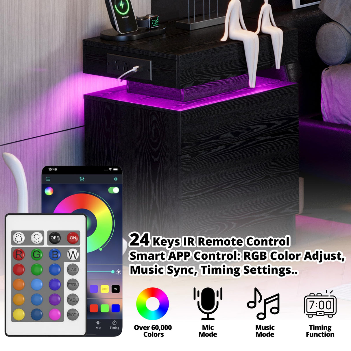 LIKIMIO Night Stand with Charging Station, Modern Black Nightstand with LED Light and 3 Drawers, Bedside Tables/End Table for Bedroom LIKIMIO