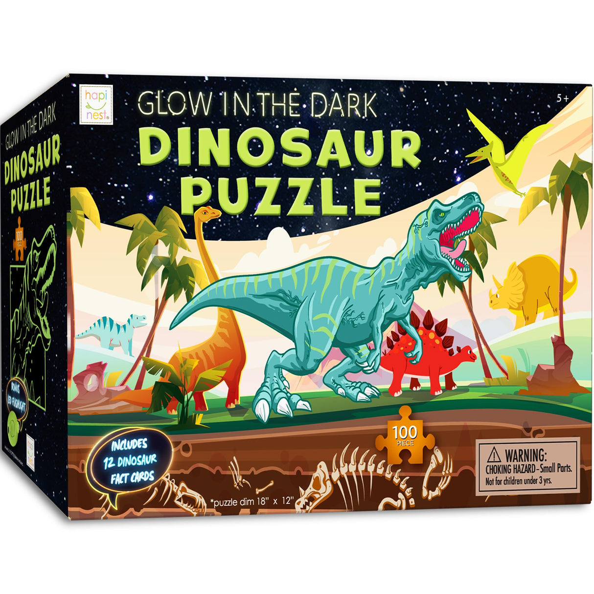 Hapinest Glow-in-The-Dark Dinosaur Jigsaw Puzzle for Kids, 100 Piece Puzzles for Kids Boys and Girls Gifts Ages 5 6 7 8 9 10 11 12 Years Old & Up, Includes 12 Dinosaur Fact Cards & LED Mini Flashlight Hapinest