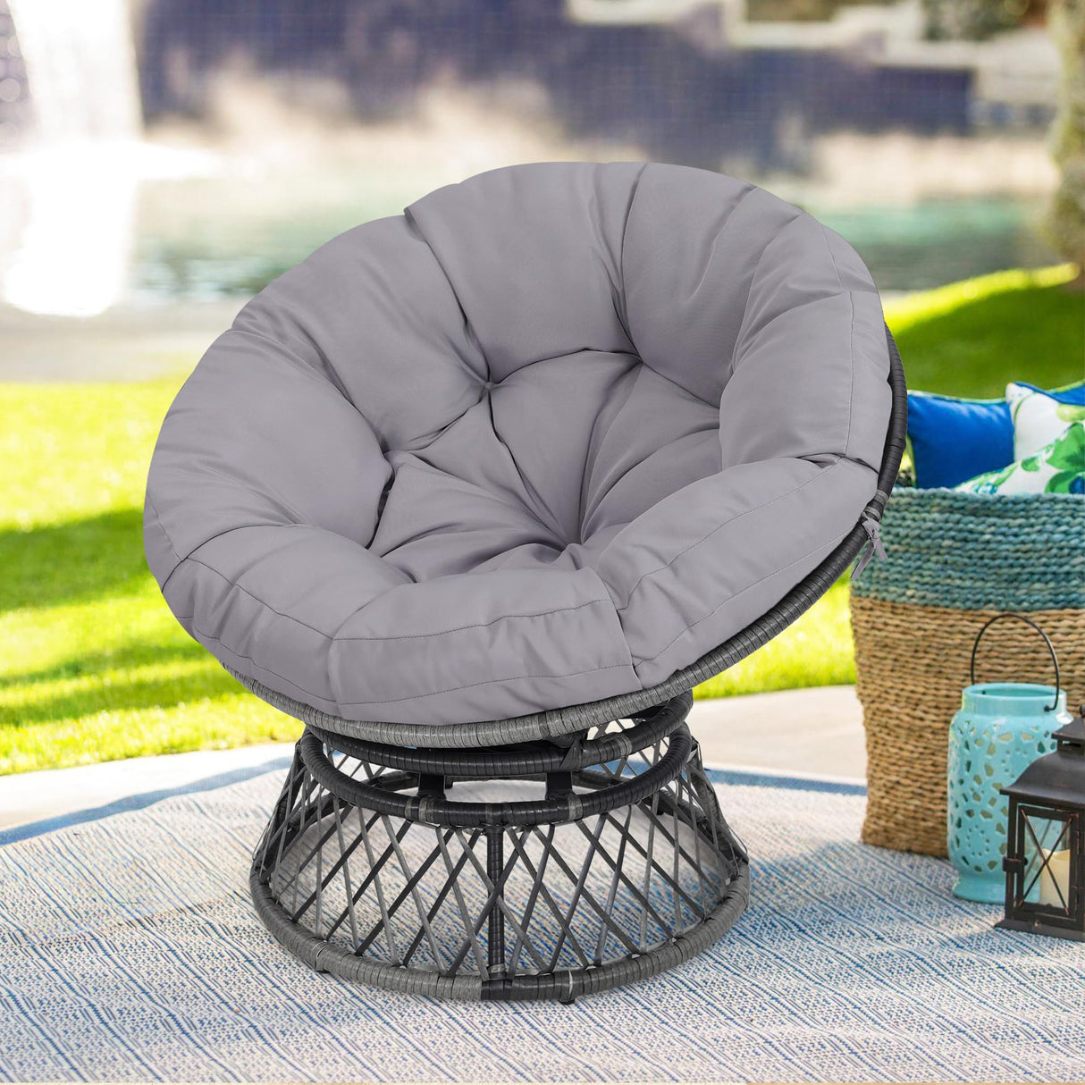 KROFEM 39" Wicker Papasan Circle Chair, 360° Swivel Living Room Chair, Indoor Outdoor Rattan Chair with Thick Cushion, Ideal for Teenagers, Kids, Grey Frame with Light Grey Cushion KROFEM