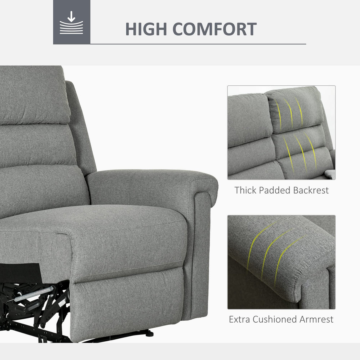 HOMCOM 3 Seater Recliner Sofa with Manual Pull Tab, Fabric Reclining Sofa, RV Couch, Home Seating, Gray HOMCOM