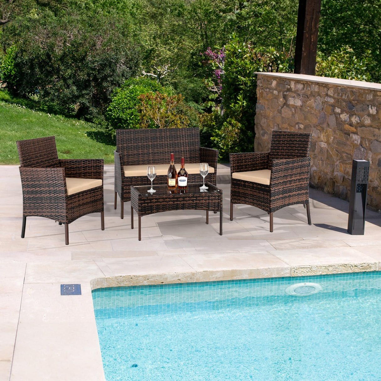 VINGLI 4 Pieces Outdoor Patio Furniture Set Wicker Patio Conversation Set with Coffee Table, Rattan Chair Patio Wicker Sofa Set for Yard,Pool or Backyard (Brown) VINGLI