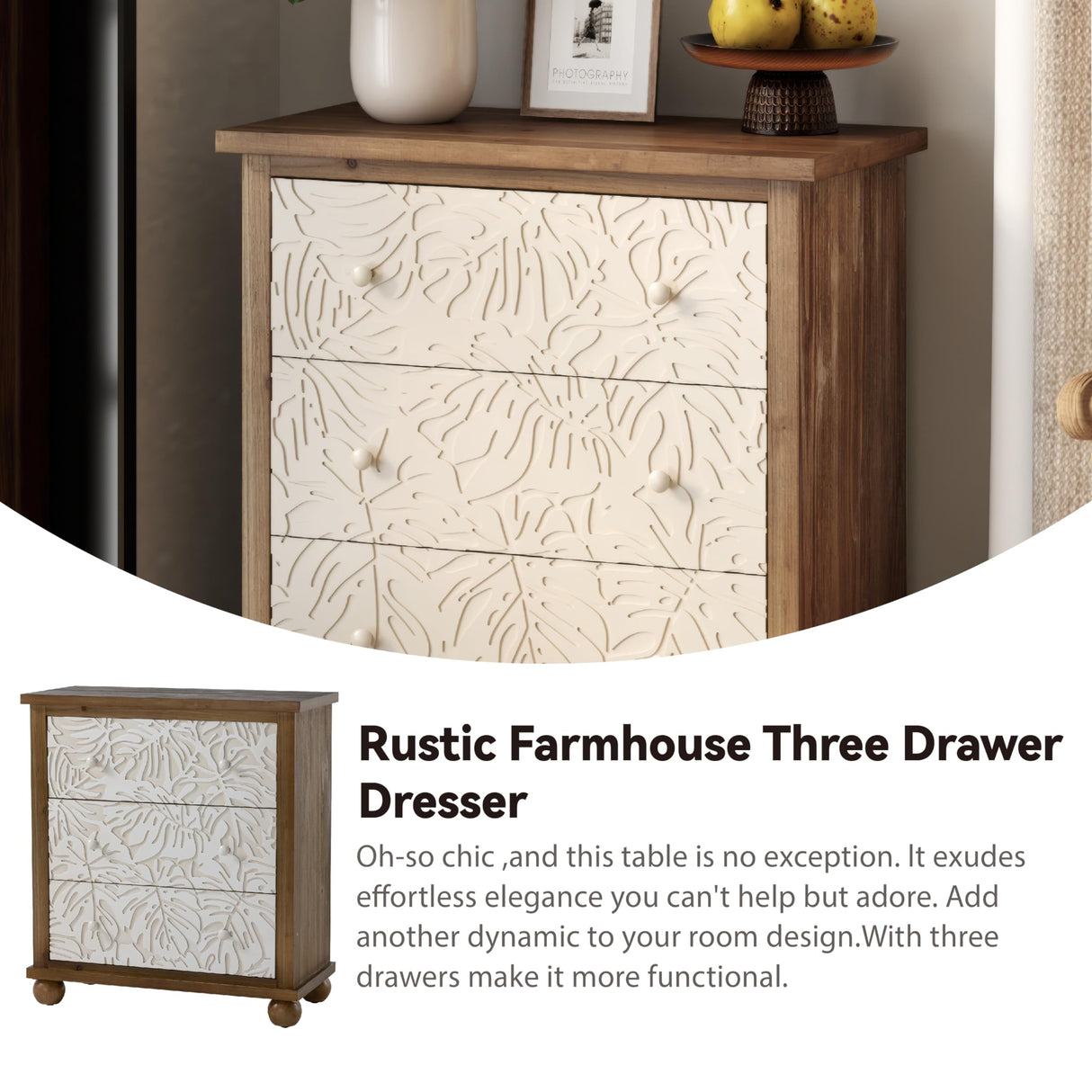 COZAYH Farmhouse 3-Drawer Dresser, French Country Chest of Drawer with Leaves Pattern Carved, Distressed Finish, White & Brown COZAYH