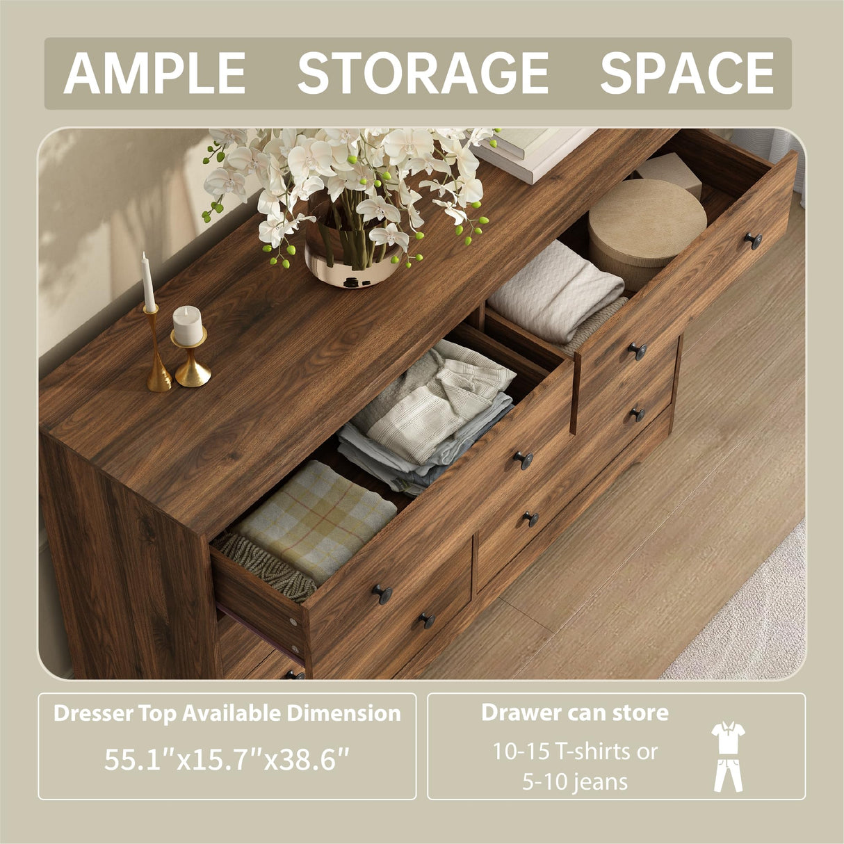 BAZELOR Dresser for Bedroom, 8 Drawer Dresser with Large Drawers, 55 Inch Wide Wood Chest for Living Room, Hallway, Walnut BAZELOR