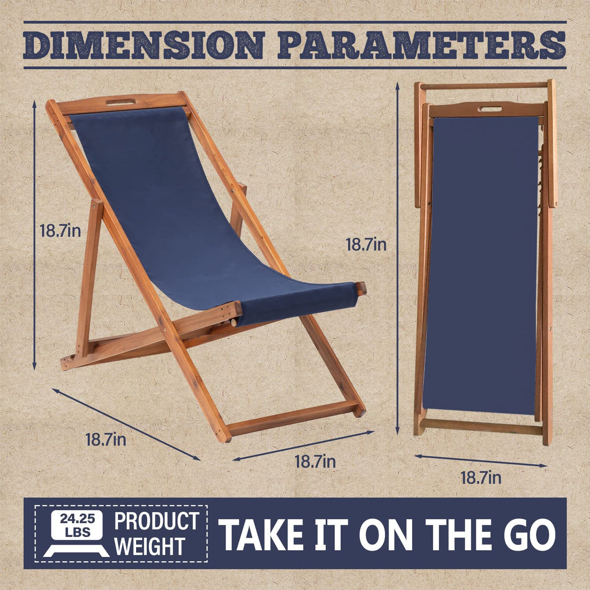 2 Set Outdoor Wooden Patio Lounge Chair Beach Sling Chair Set Height Portable Reclining Beach Chair Solid Wood Frame with White Polyester Canvas 3 Level,Blue FDW