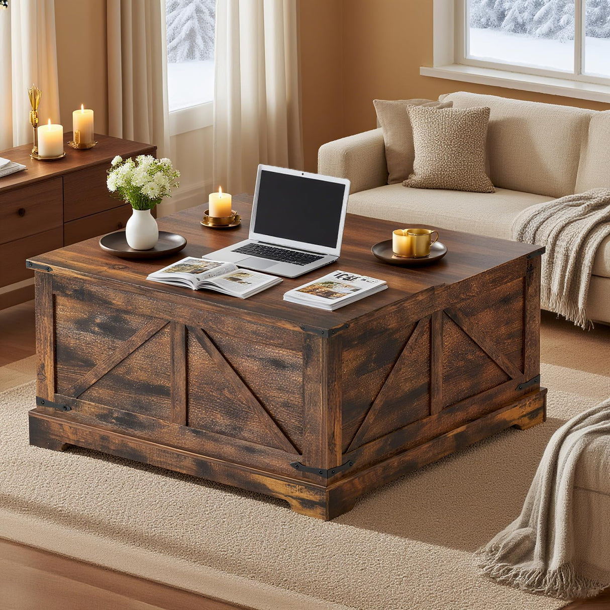 Vabches 35.4" Lift Top Coffee Table, Farmhouse Square Coffee Tables with Storage for Living Room, Center Table with USB Charging Station and Hidden Space, Grey Vabches