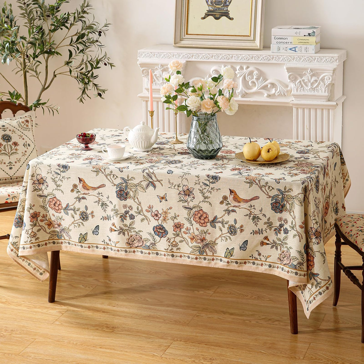 ISAENNE French Tablecloth for Rectangle Tables,Linen Table Cloth with Flowers and Birds Pattern,Heavy Durable Table Cover for Dining Thanksgiving Kitchen Decor Party Banquet Christmas,67"*118" ISAENNE