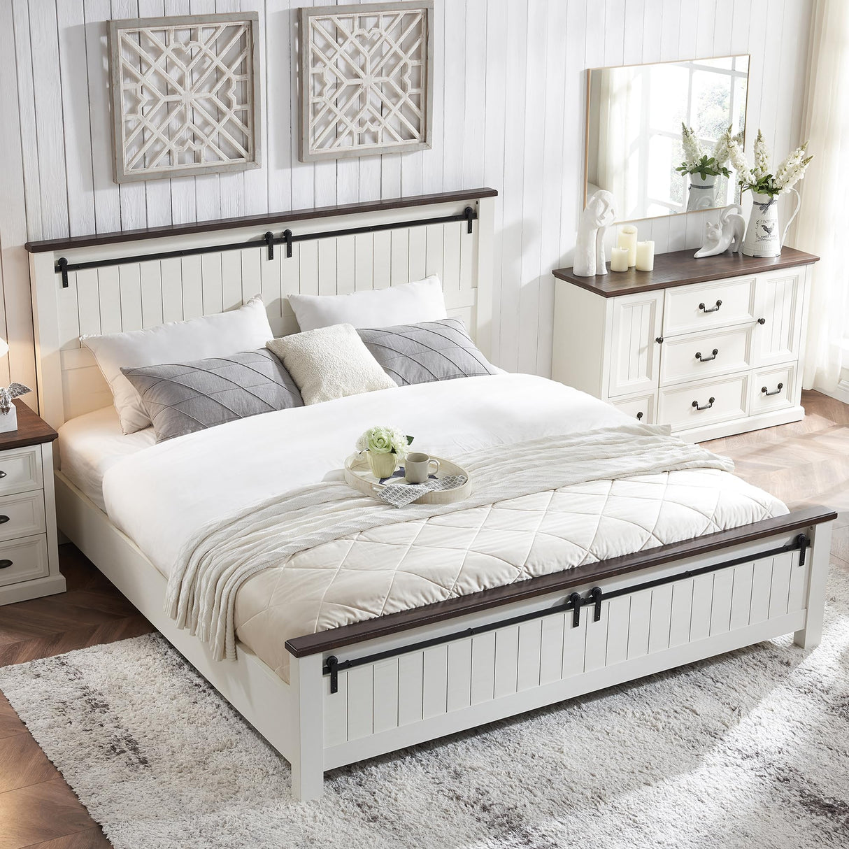 IFGET Farmhouse Queen Size Wood Bed Frame with Grooved Sliding Barn Door Design and Sturdy Slats Support, No Box Spring Required (White) IFGET
