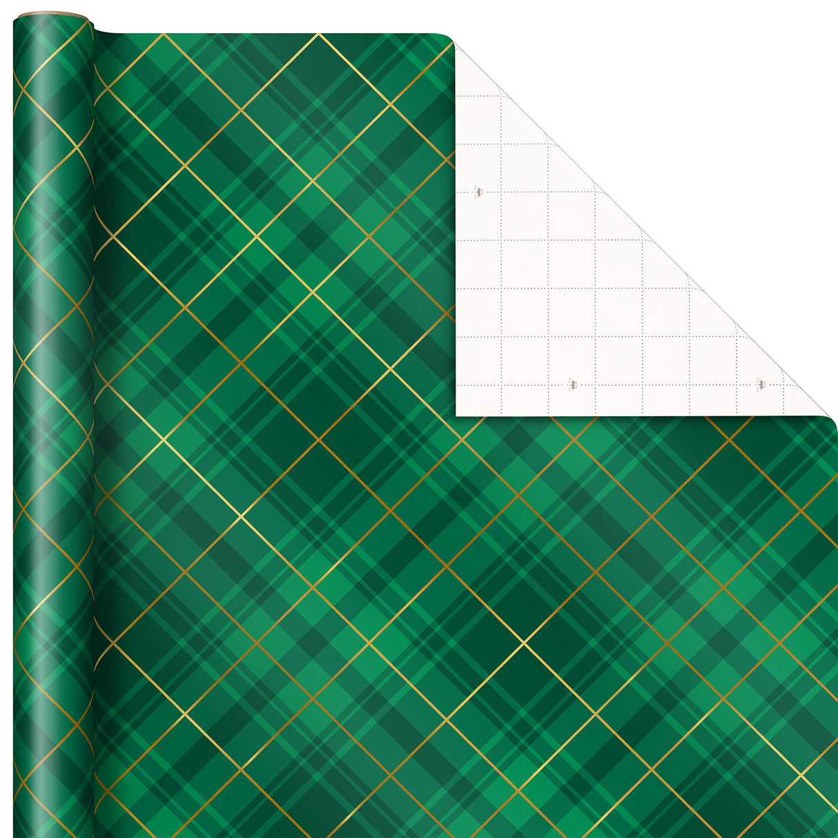 Hallmark Elegant Christmas Wrapping Paper with Cut Lines on Reverse (3 Rolls: 120 sq. ft. ttl) Gold Trees, Emerald Green Plaid, Gold Geometric Snowflakes Hallmark