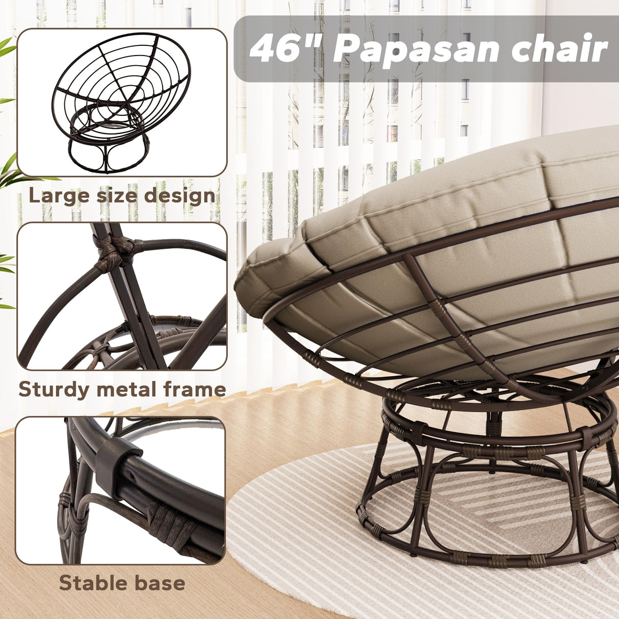 MeetLeisure 46'' Large Size Papasan Chair with Cushion and Frame, Overstuffed Thickened Papasan, Lazy Circle Round Chair, Beige MeetLeisure