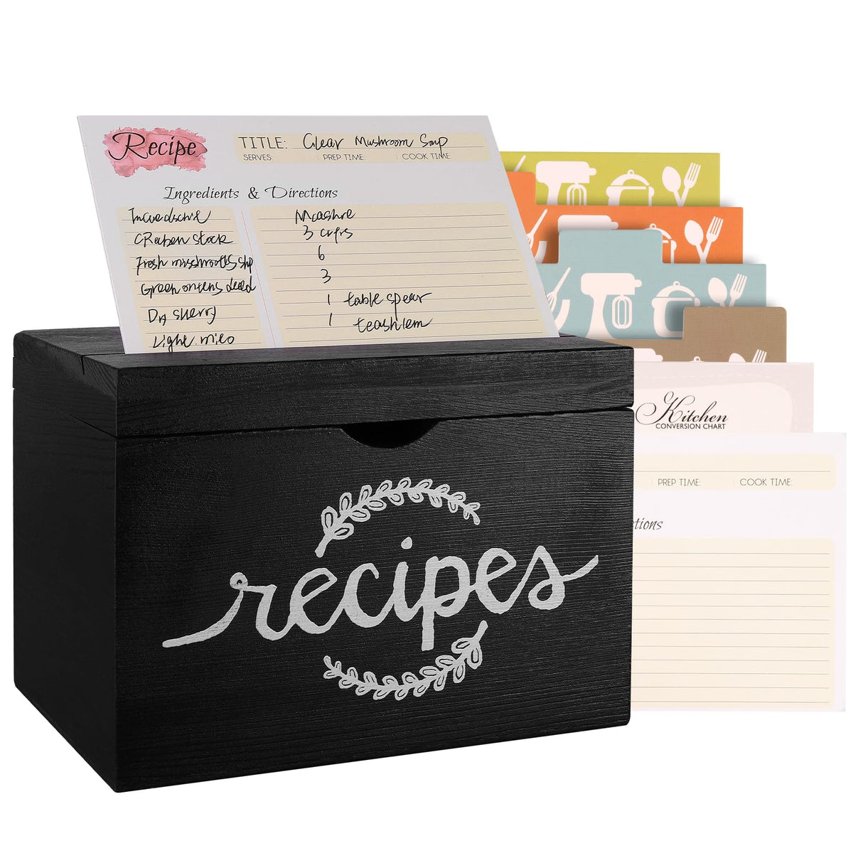 Recipe Cards and Box Set, Wood Recipe Card Box, Farmhouse Recipe Organizer for Kitchen Counter, Rustic Recipe Holder with 4x6 Inches Recipe Cards, Great Gift for Grandma Mom Women Recipe Lovers MISTOD