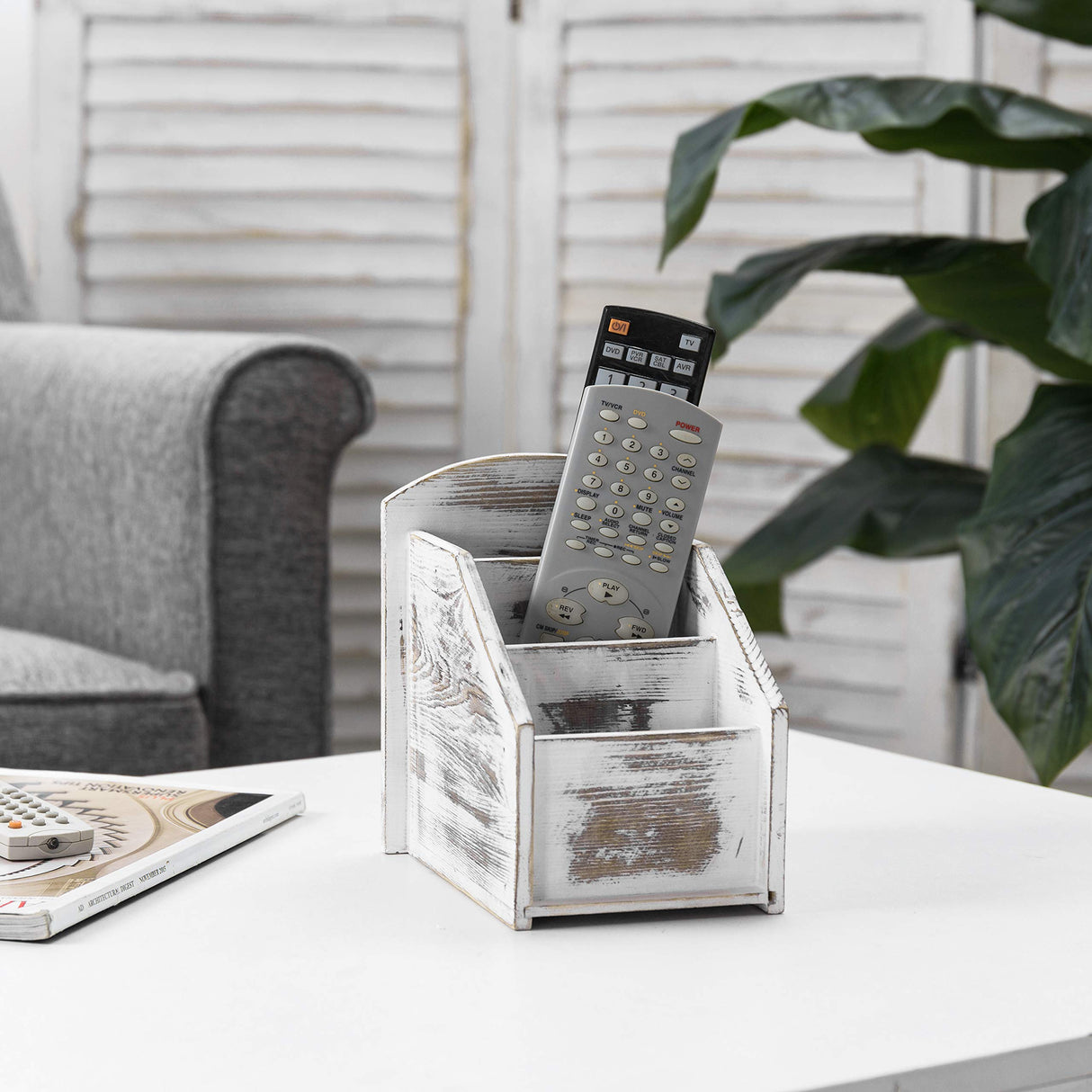 MyGift Whitewashed Wood Remote Control Holder Organizer Caddy with 3 Compartments, TV & Media Remote Storage Box for Living Room MyGift