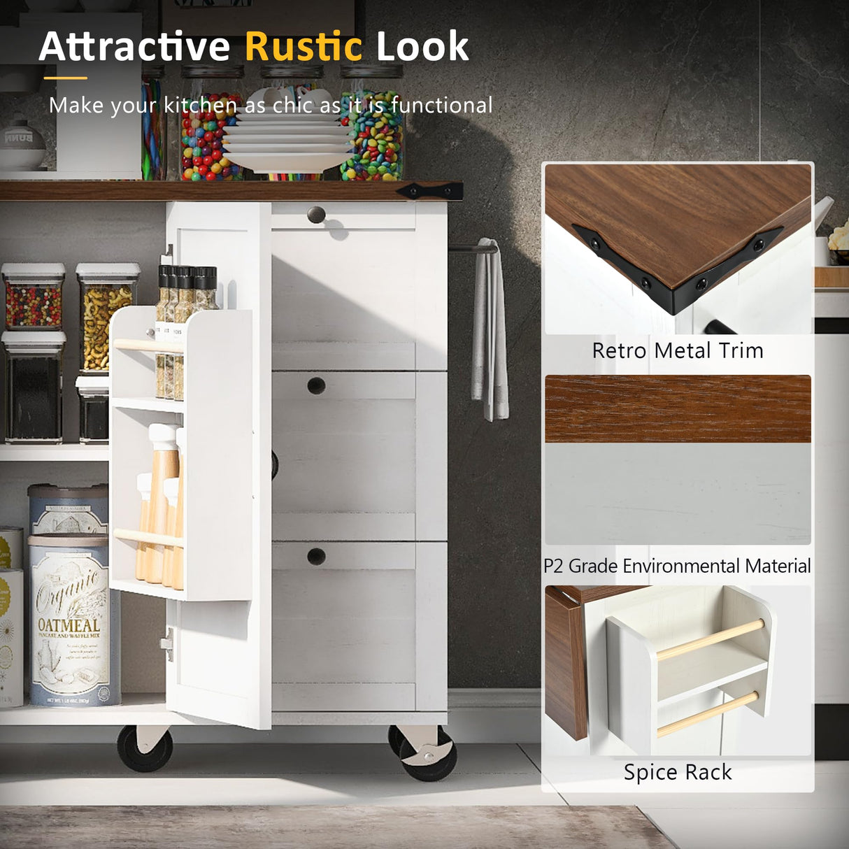 Merax 54.5" Wood Kitchen Cart Island on Wheels with Power Outlet,Drop Leaf and 3 Side Drawers,Farmhouse Style Storage Cabinet for Dining Room Merax