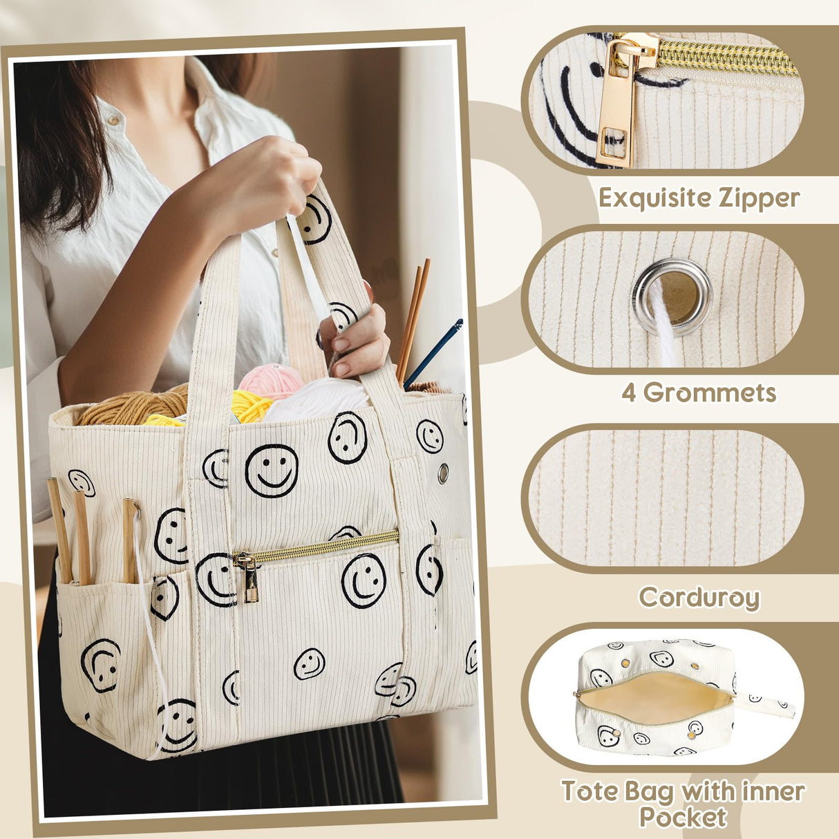 Bulyoou 2 Pcs Crochet Bag and Tote Set Corduroy Yarn Crochet Tote Bag for Hooks Organizer Smile Face Design Yarn Holder for Mother's Day Gift Lovers Knitting Accessories Bulyoou