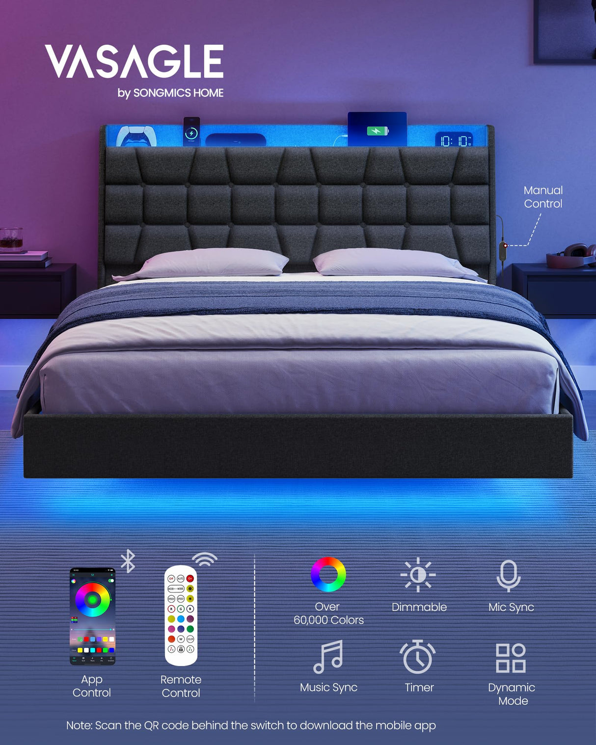 VASAGLE Dark Gray Floating Queen Bed Frame with LED Lights and Tufted Storage Headboard VASAGLE