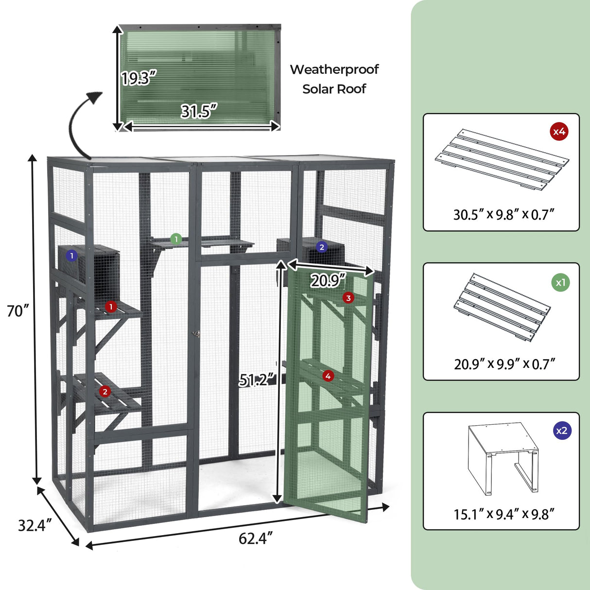 Large Stylish Wooden Catio Outdoor Cat Enclosure Cat Cage & Run Enclosures Indoor Kitty Window Cage with Waterproof Roof, 7 Platforms & 2 Resting Box, UV Resistant, 62.4" L x 32.4" W x 70" H (Grey) Generic