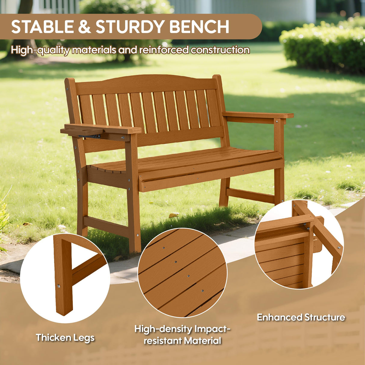 2-Person HIPS Outdoor Benches, Weatherproof Garden Bench with 800 lbs Weight Capacity, Artificial Wood Grains, Never Rot or Fade, Patio Benches for Garden, Porch, Balcony, Backyard,Park, Brown Sunnibety