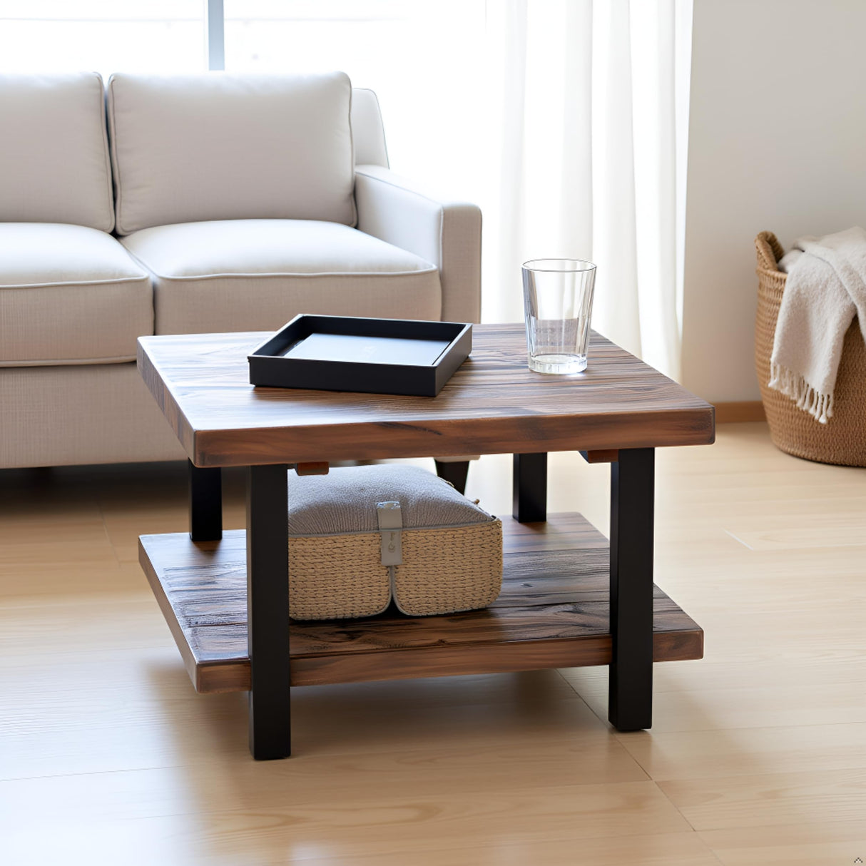 Pomona 27-Inch Rustic Square Coffee Table – Solid Pine Wood with Natural Weathered Finish and Industrial Metal Legs – Small Space Living Room Accent by Alaterre Furniture Alaterre Furniture