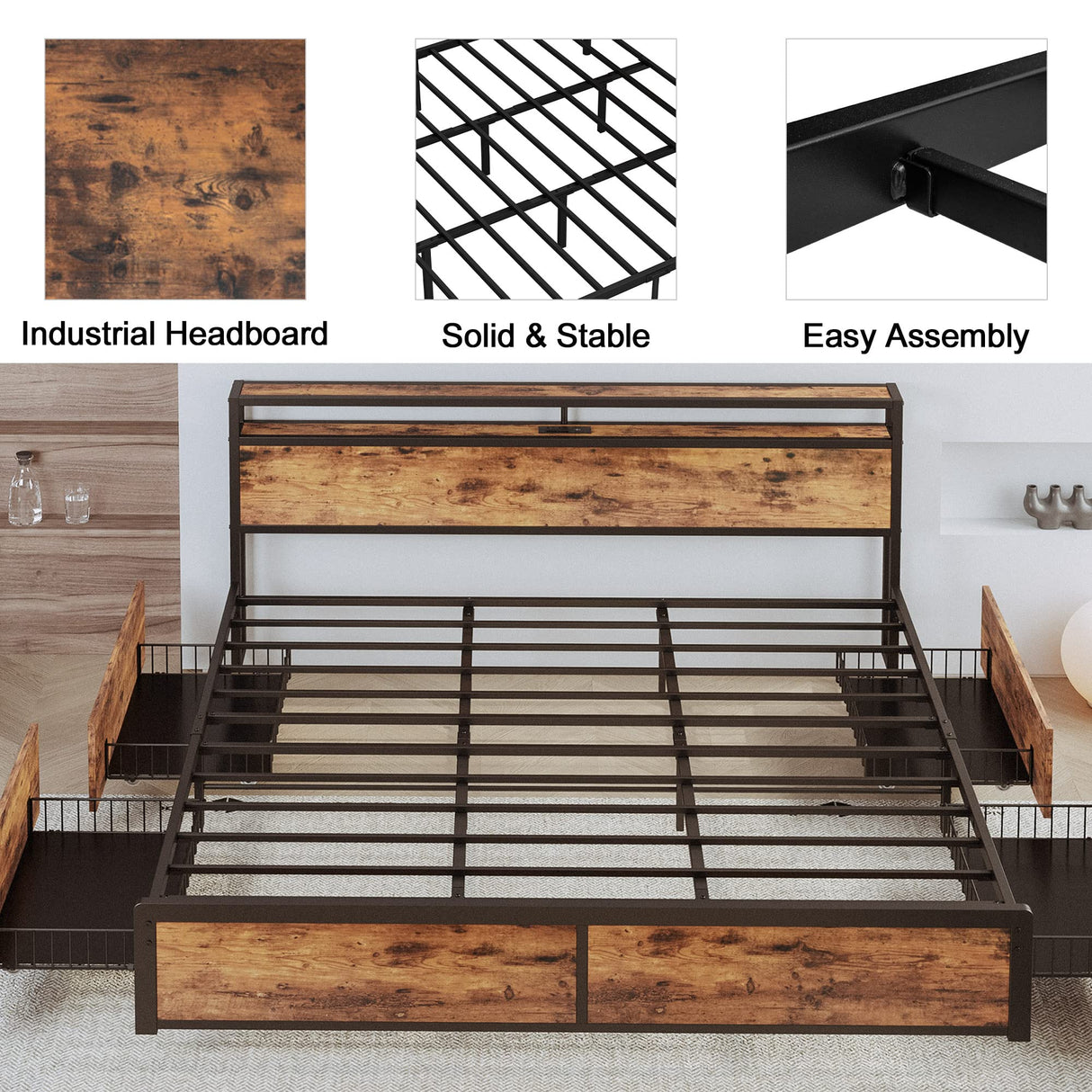 Stunning LIKIMIO King Bed Frame with Storage Drawer & Charging Headboard in Vintage Brown LIKIMIO