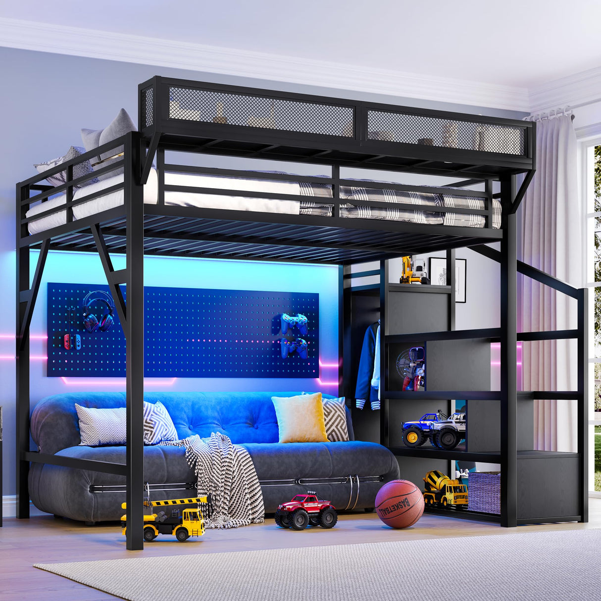 Queen Loft Beds with Storage Beside Shelves and Wardrobe, Metal Loft Bed Queen with LED Lights and USB Ports, Heavy-Duty Loft Bed Frame for Teens, Adults, Noise-Free & Space-Saving, Metal Black Bellemave