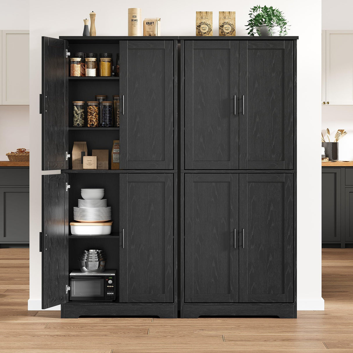 GarveeHome 70 in Tall Kitchen Pantry Cabinet, Freestanding Storage Cabinet with 4 Doors and Adjustable Shelves, Large Utility Hutch Cupboard for Dining Room, Bathroom, Living Room (Black) GarveeHome