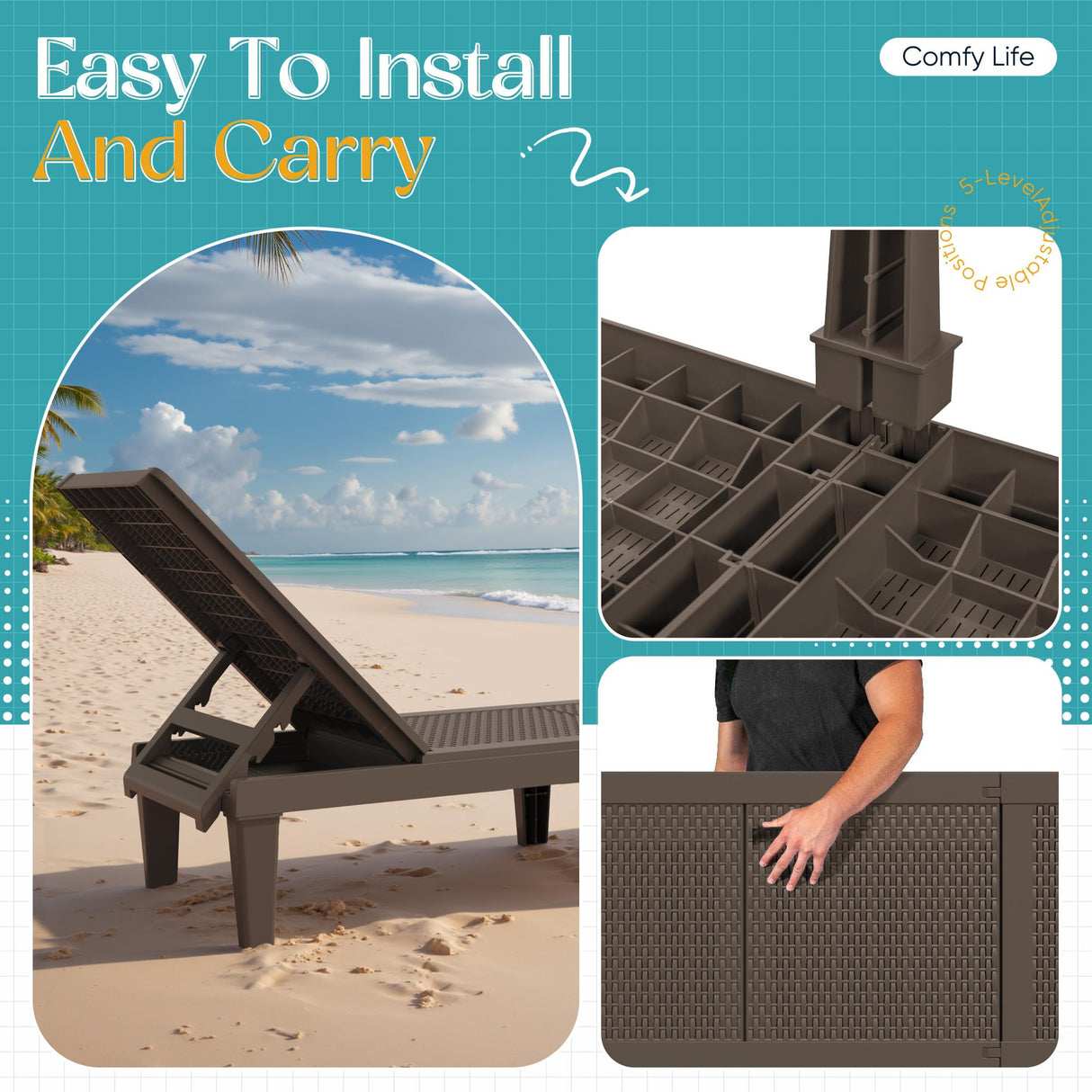 Greesum Outdoor Chaise Lounge Chairs Set of 2 with 5-Position Adjustable Backrest, Waterproof PP Sun Loungers for Garden Pool Beach Patio Deck Sunbathing, Brown Greesum