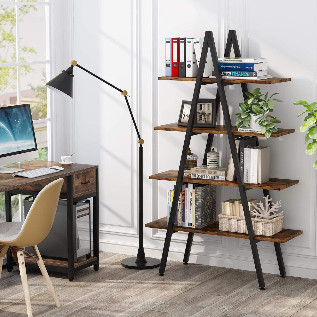 Tribesigns Industrial A-Shaped 4-Tier Bookshelf with Open Display Shelves for Home and Office Tribesigns