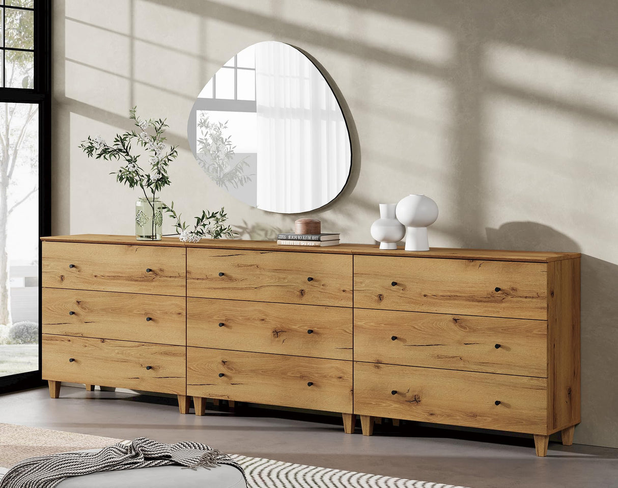 WAMPAT Dresser with 9 Drawers, Bedroom 3-in-1 Wide Wooden Chest of Drawers, Modern Long Dressers Closet Storage Organizer w/Solid Wood Legs for Living Room, Kids Room, Oak Brown,106 Inches WAMPAT