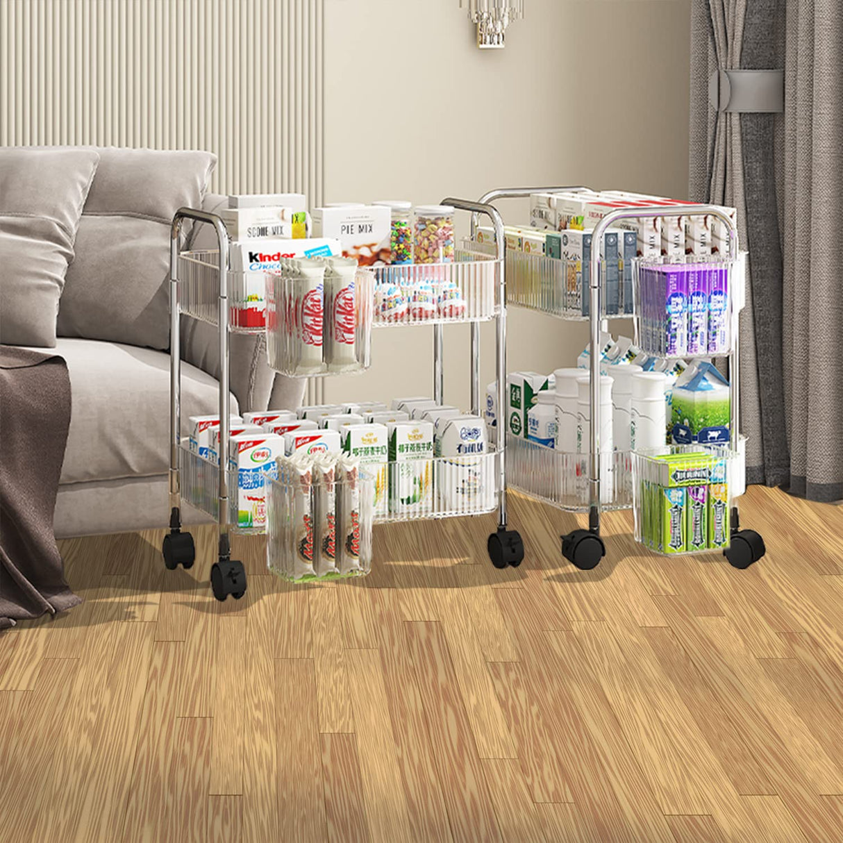 2-Tier Utility Rolling Cart Storage Organizer Sofa Side Table with Wheels, Under Desk Mobile Trolley Organizer with Handle and 2 Hanging Baskets for Office Home Kitchen Organization, Transparent Melody House