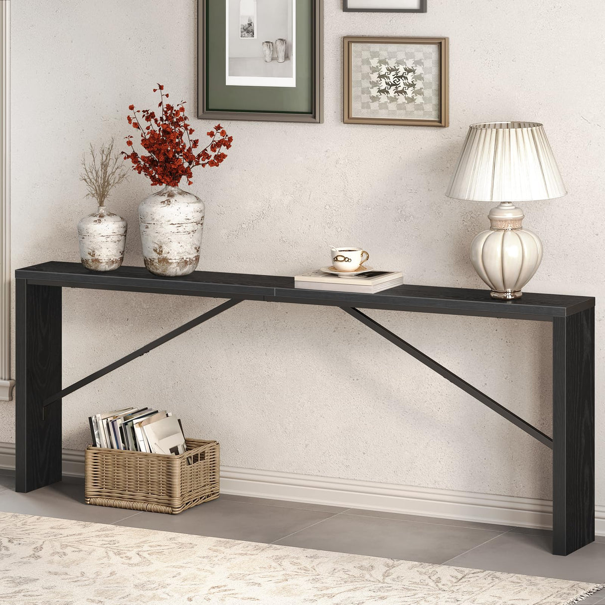 MAHANCRIS Console Table, 78.7" Long Sofa Table Behind Couch, Narrow Entryway Table, Farmhouse Dining Table with Angled Metal Frame, Industrial Console Table for Entryway, Black CTHB20801 MAHANCRIS