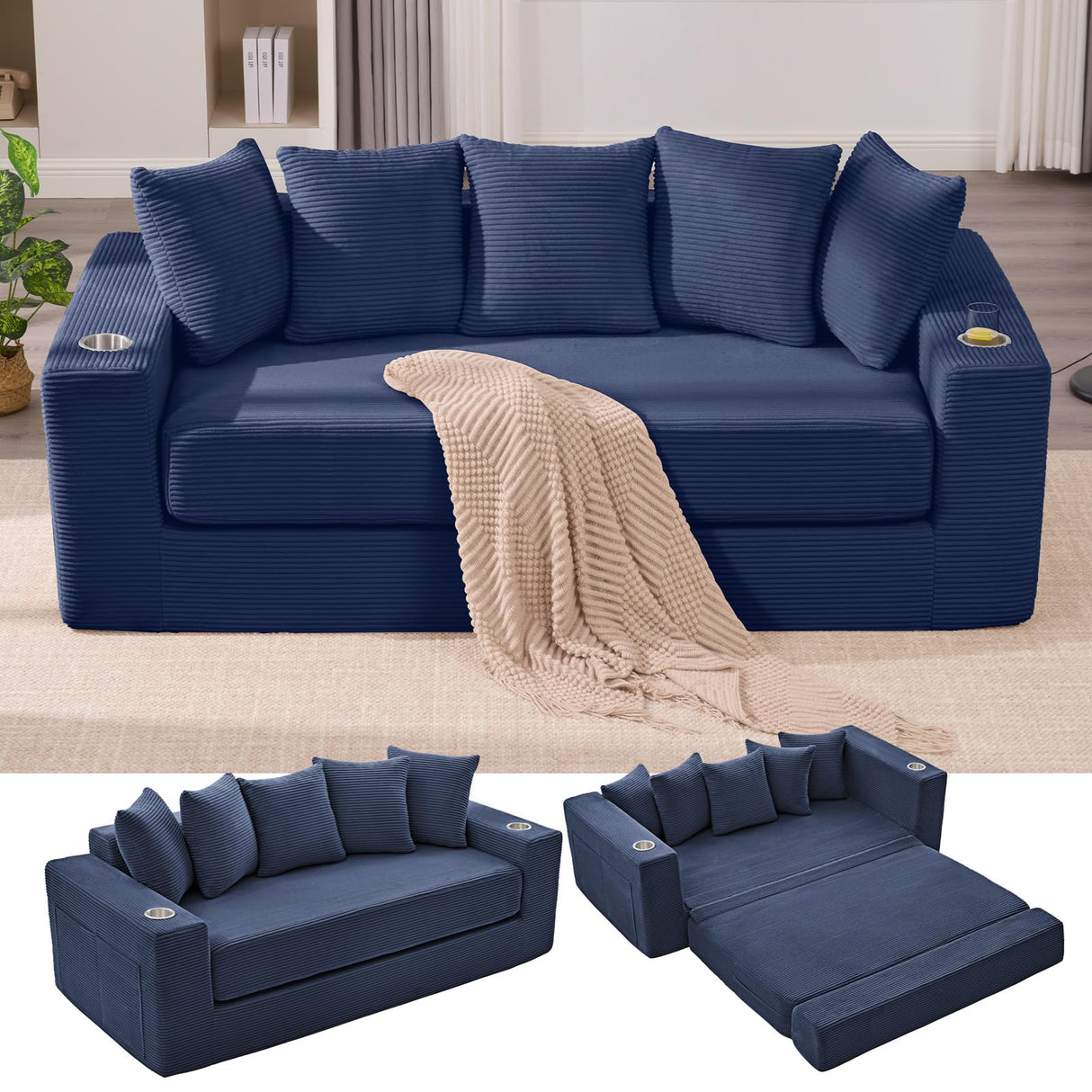 Anwick 2-in-1 Convertible Sleeper Sofa Bed, Corduroy Boneless Loveseat Cloud Couch for Living Room, Compressed Sofa in a Box, 5 Pillows, Fixed Frames, Side Pockets & Cup Holders, No Assembly (Blue) Anwick