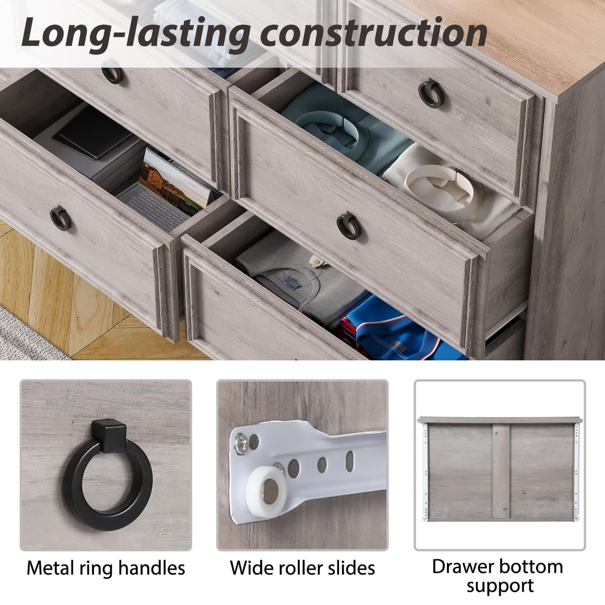 Modern 10 Drawer Dresser, Dressers for Bedroom, Chest of Drawers Closet Organizers and Storage Clothes - Easy Pulls Handle, Textured Borders Living Room, Hallway, Gray LGHM