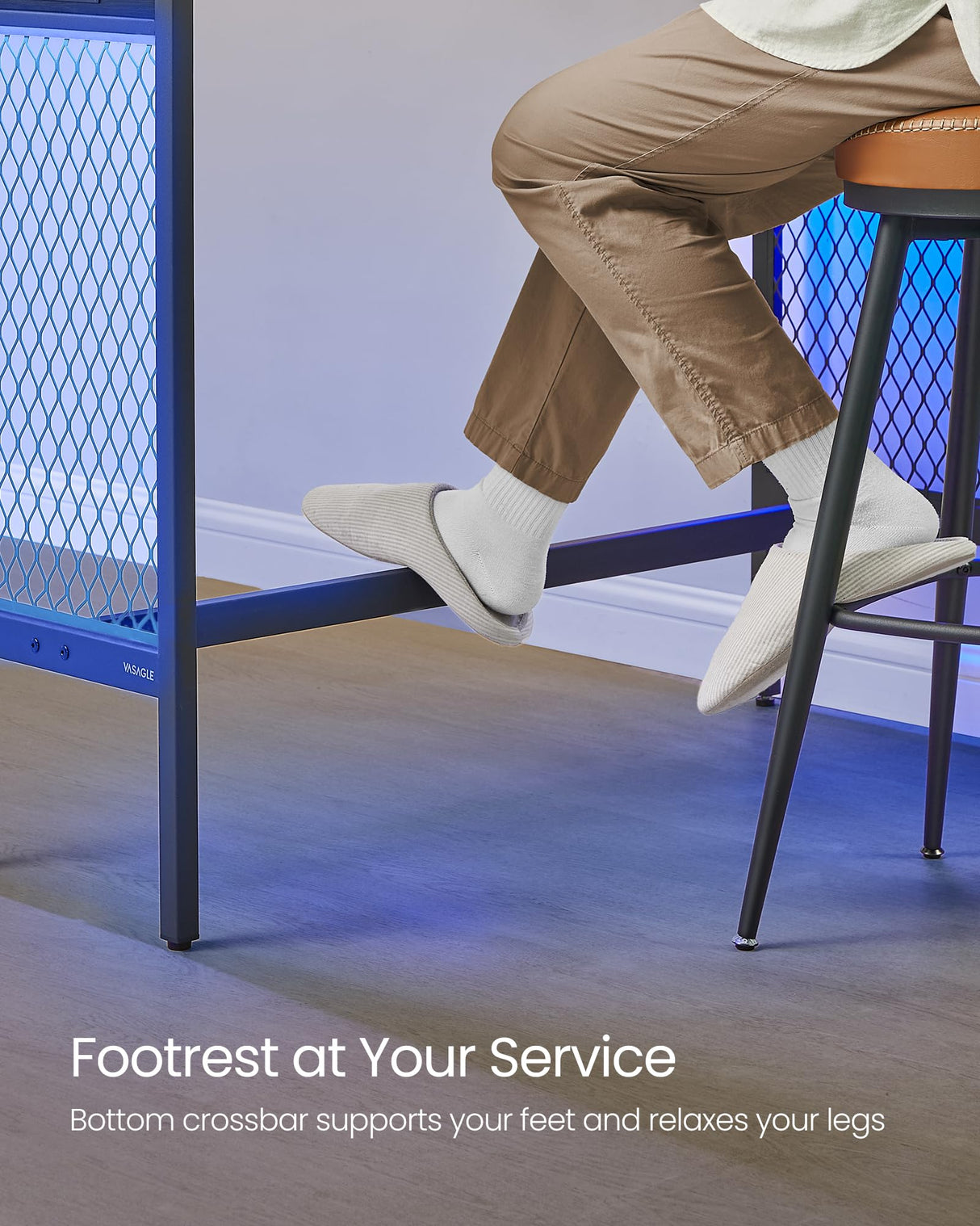 VASAGLE 47.2" Long Bar Table with Charging Station, LED Lights, Narrow Counter Tables Rectangular Couch Sofa Table, Metal Mesh Panels Frame, High Top Pub Table for Kitchen Living Room Party, Black VASAGLE