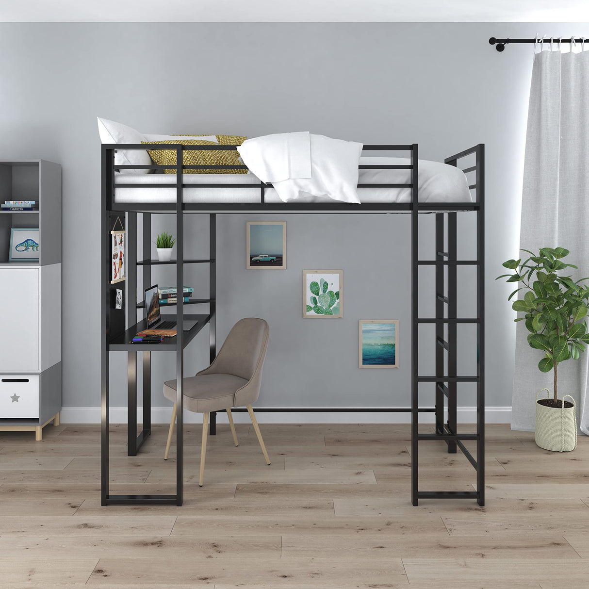 DHP Abode Space-Saving Twin Metal Loft Bed with Desk and Shelves - Black DHP