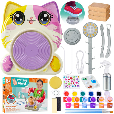 Roaxkois Pottery Wheel for Kids – Complete DIY Arts & Crafts Painting Kit with Air Dry Clay, Paints, Tools, Apron & Stickers – Creative Gift for Girls & Boys Ages 6 7 8 9 10 11 12+