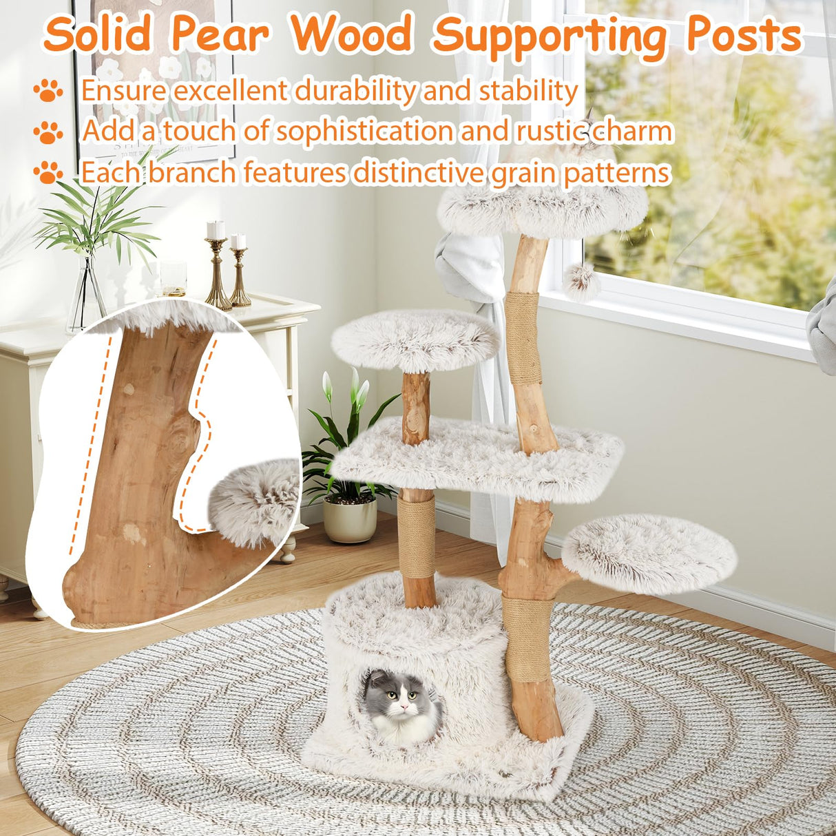 Tangkula Modern Cat Tree, 53 Inch Tall Natural Branch Wooden Cat Tower with Jute Scratching Posts, Plush Perch, Condo, Aesthetic Luxury Solid Wood Flower Cat Tree for Indoor Cats Large Adult (White) Tangkula