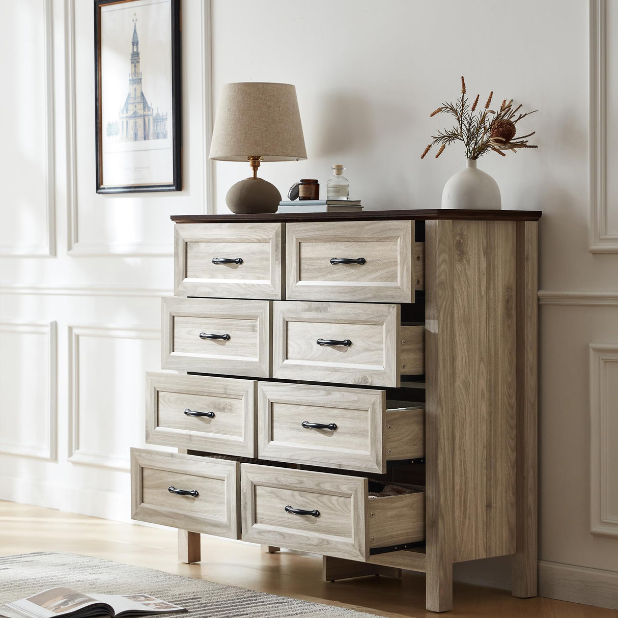 LINSY HOME Dresser for Bedroom with 8 Drawers, Updated Wide Chest of Drawers, Modern Farmhouse Bedroom Tall Dresser with Storage Organizer, Wooden Dressers for Living Room, Beige LINSY HOME